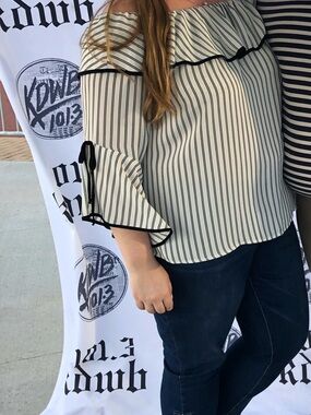 Maurices White and Black Striped Off-Shoulder Ruffle Blouse